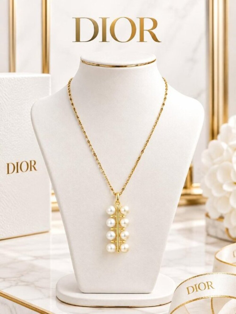 Authentic Dior Gold Tone Pearl Cluster Bar Pendant Necklace